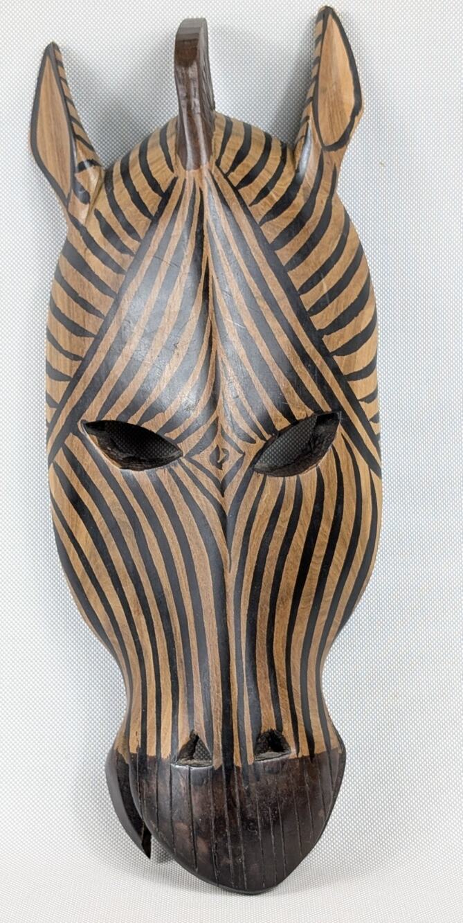 Wooden Tribal Zebra Mask Black Striped Hand Carved Wall Plaque 14.5L" x 5.75W"